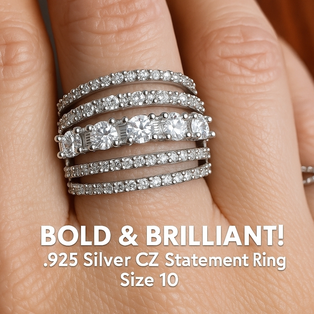 Bold & Brilliant! .925 Silver CZ Statement Ring Size 10 Glam NWOT - Picture 1 of 4